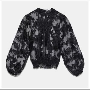 Zara organza sheer floral puff-sleeve blouse, M